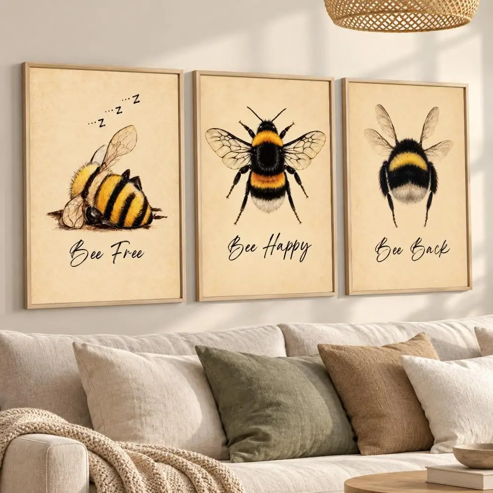 Bee Happy Bee Free Painting Calligraphy Canvas Prints Set of 3 Wall Art for Living Room Decor Vintage Fashion Decals