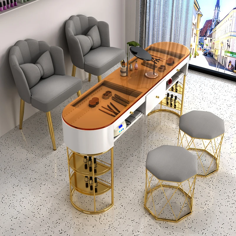 Internet celebrity light luxury nail art table and chair set economical single and double glass nail art table