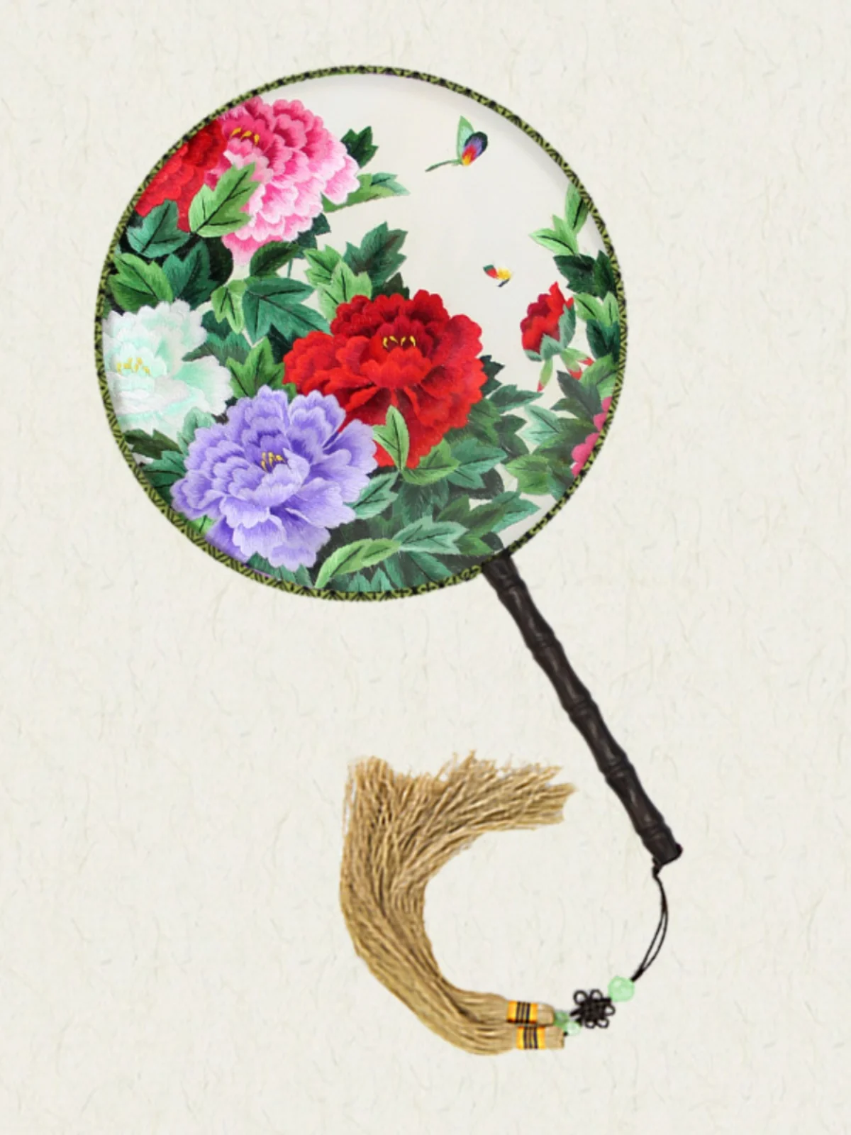 Handmade Double-Sided Embroidery Panda Peony Fan, Round Craft Gift