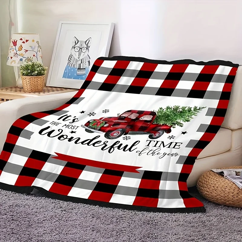 Soft and Warm Hypoallergenic Red and Black Buffalo Plaid Flannel Christmas Theme Throw Blanket,Cartoon with Christmas Tree Print