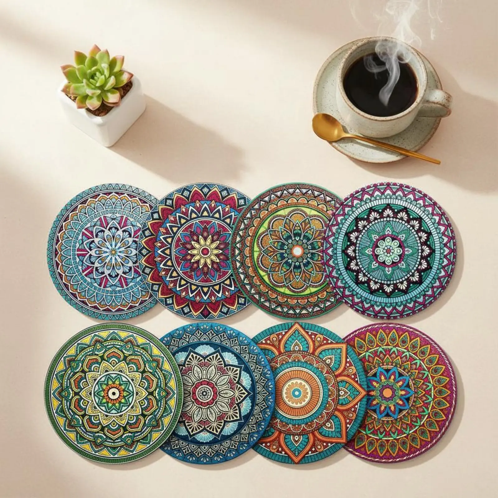 Juego de 8 Posavasos de Madera con Diseño de Mandala, Protección para Mesa, Posavasos para Bebidas, Accesorio de Bar, Resistentes al Calor, Antideslizantes