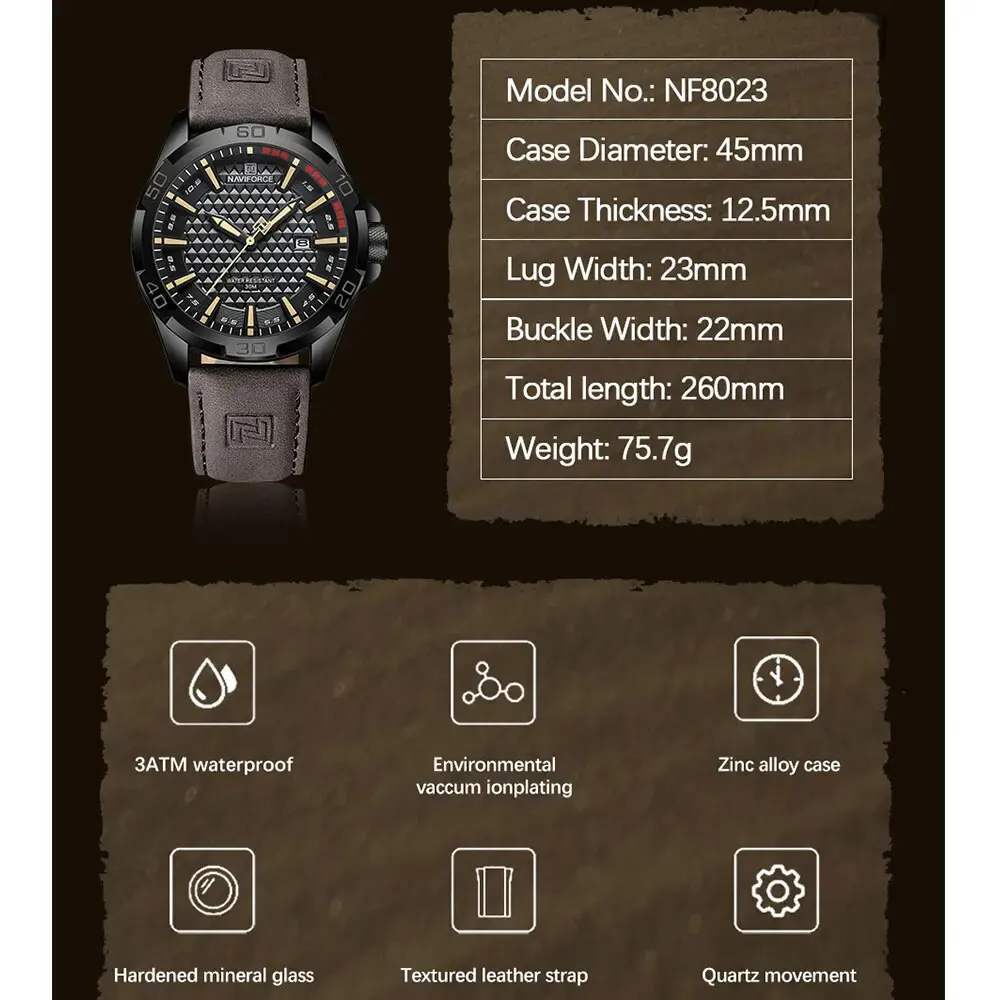 NAVIFORCE Men Casual Sport Military Quartz Calendar Wrist Watch for Man Business Leather Waterproof Male Clock Relogio Masculino