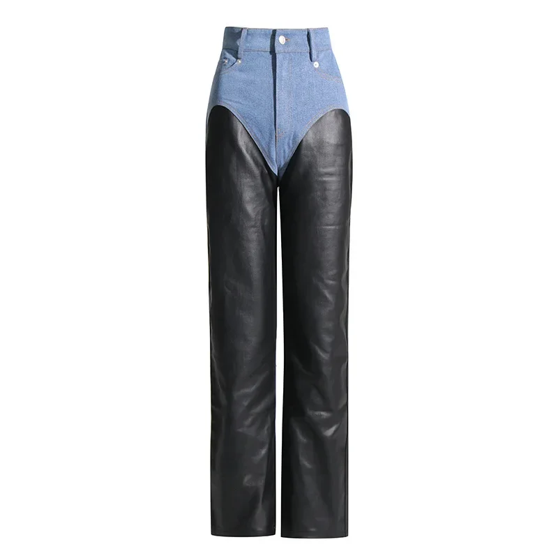 

2023 Autumn New Fashion Design Sense Splicing Color PU Leather High Waist Straight Casual Pants Ladies