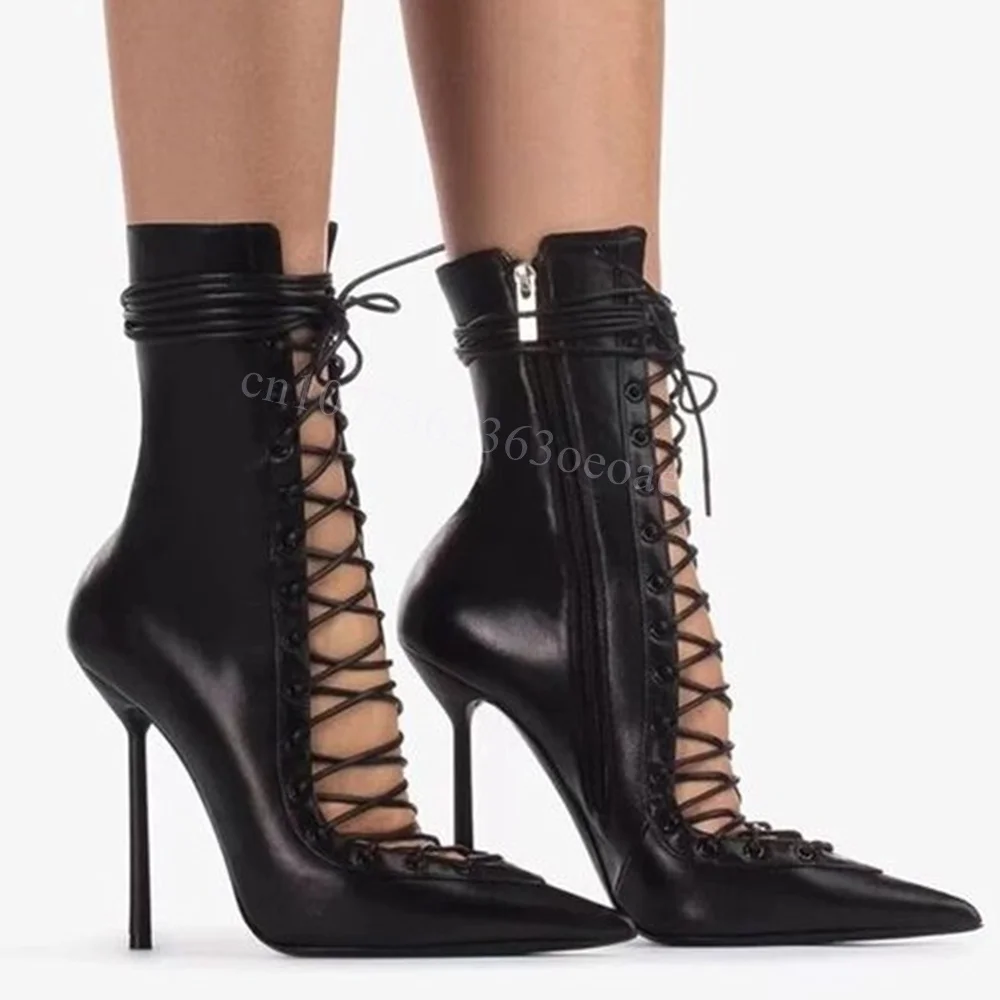 

Crossed Tied Matte Black Leather Pumps Fashion Pointed Toe Shoes for Women Thin High Heels Sexy Shoes 2024 Zapatos Para Mujere
