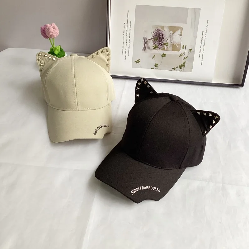 Cute Cat Ears Baseball Cap Solid Color Trendy Cartoon Hat Casual Adjustable Sun Hats for All Seasons & Valentine's Day