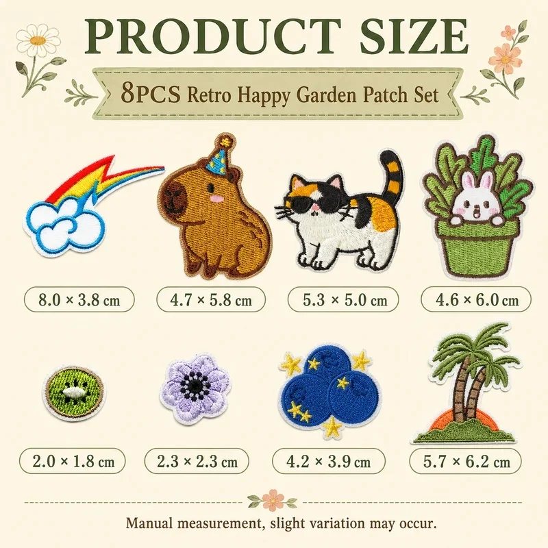 8Pcs Retro Happy Garden Embroidered Patches Iron on Sew on Applique Cute Cat Capybara Bunny Flower Backpack Jacket Decor