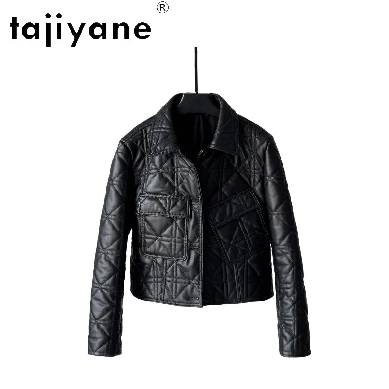 TAJIYANE Sheepskin Genuine Leather Jacket Woman Biker Cropped Jacket Leather Padded Lining Jackets for Woman Diamond Grid 가죽자켓