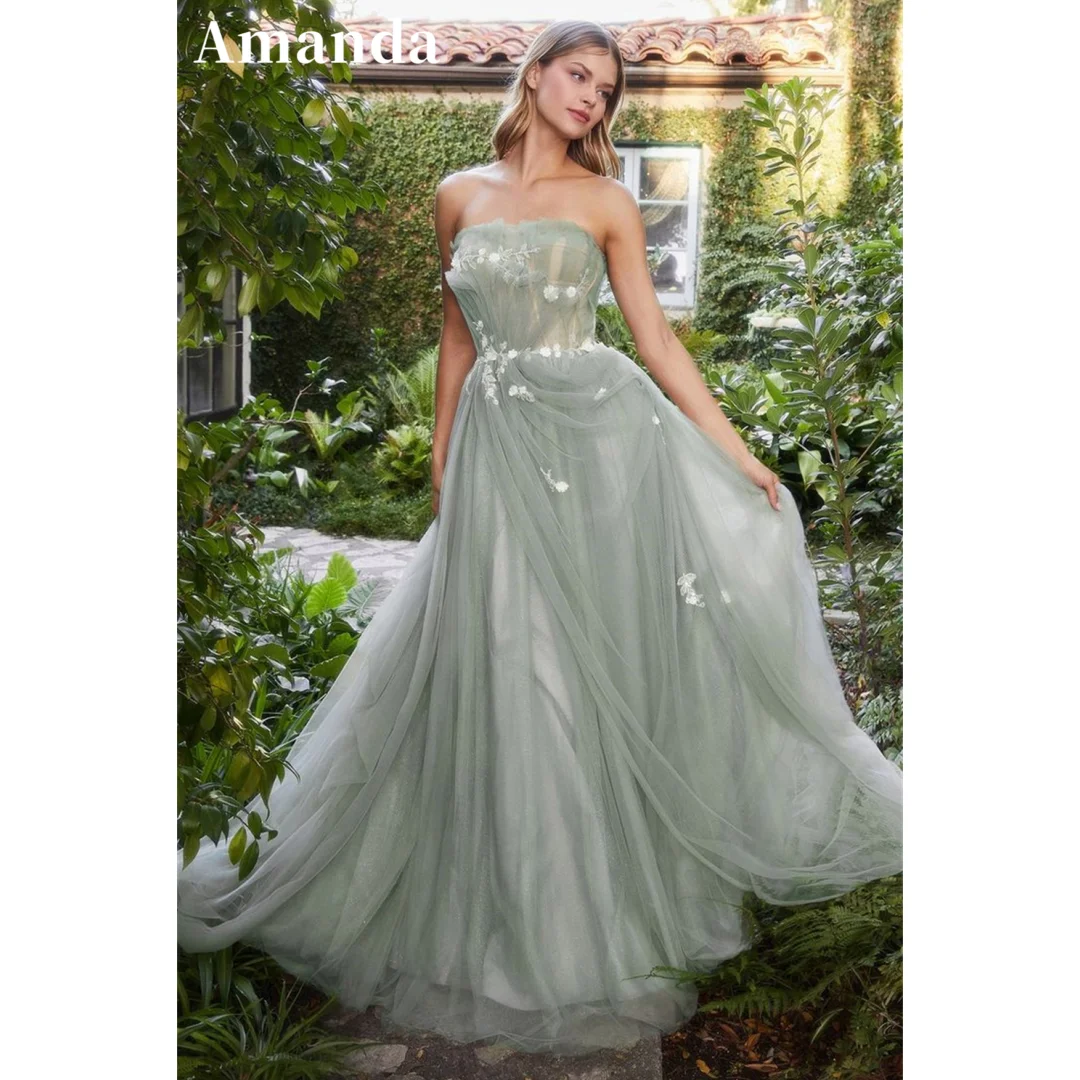 

Amanda Light Green vestidos de noche Strapless Tulle A-line Prom Dresses Elegant Sleeveless Floor-Length Formal Evening 2024