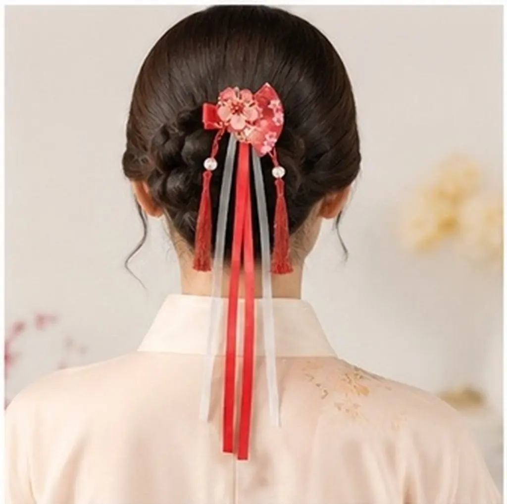 2Pcs Japanese Style Fan Flower Tassel Hair Clips Ribbon Decorative Hair Accessories for Women Party Daily Use