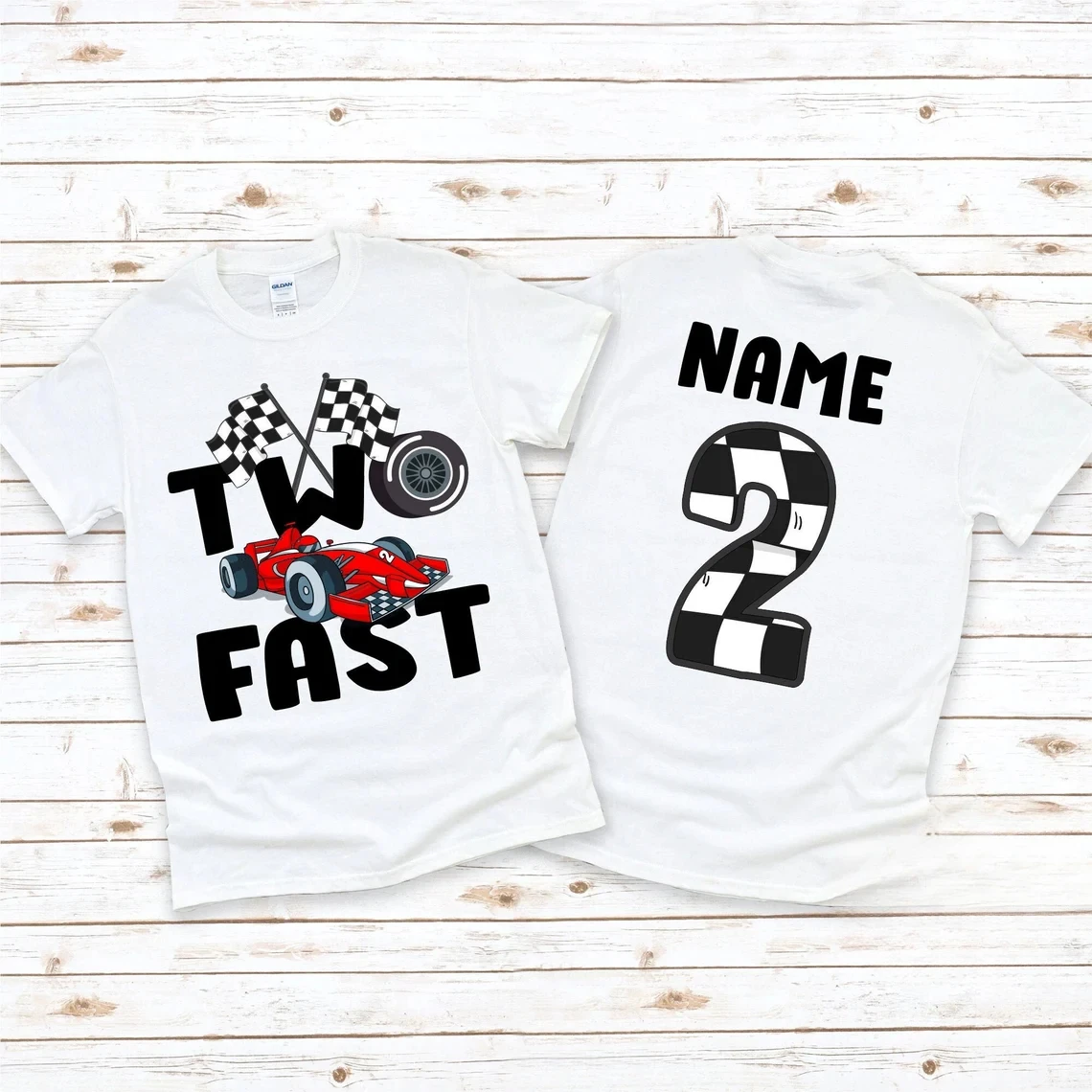 2025 Персонализированное белое имя, футболка с двумя быстрыми именами, футболка для второго дня рождения, футболка для 2-го дня рождения, декор для вечеринки в гоночном автомобиле для мальчика
