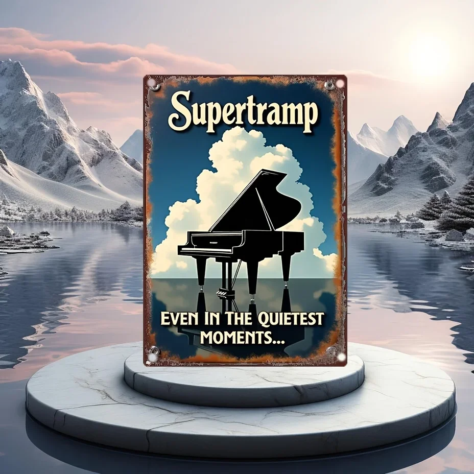 Supertramp Vintage Metal Wall Plaque  - Rustic Iron Grand Piano & Mountain Landscape Art with 