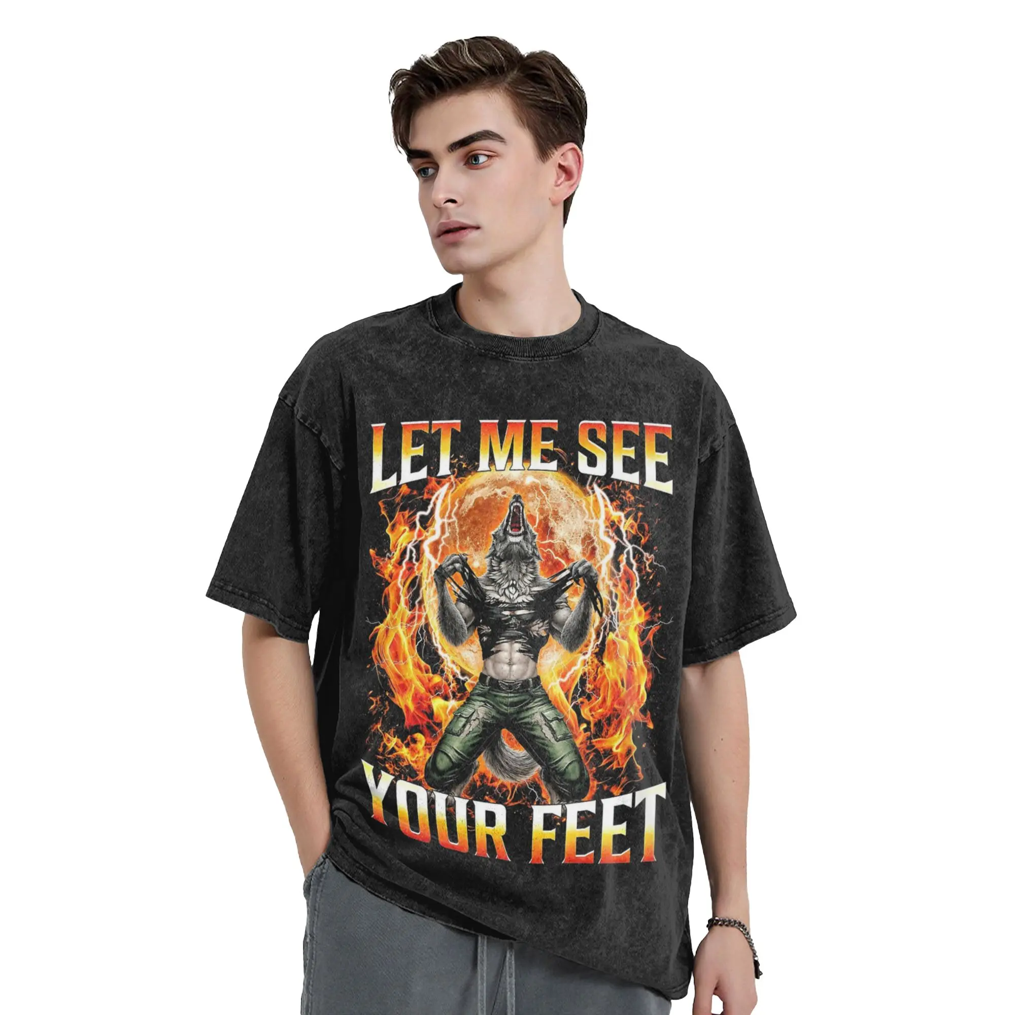 Let Me See Your Feet Werewolf Meme T Shirts Hip Hop Washed Cotton Harajuku T-Shirt Men Women Tops Streetwear Summer Tee Shirt