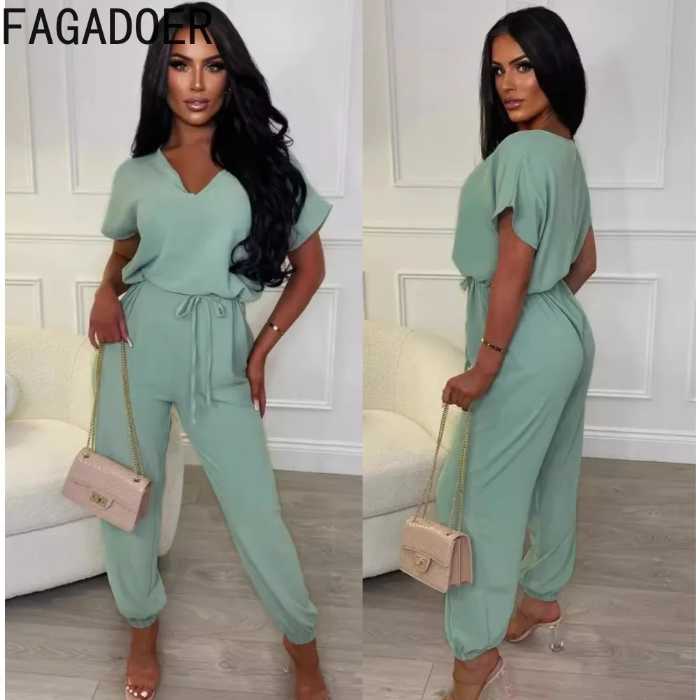 

FAGADOER Green Elegant Lady Office Lace Up Jumpsuits Women Round Neck Short Sleeve Loose Playsuits Fashion Female Solid Overalls