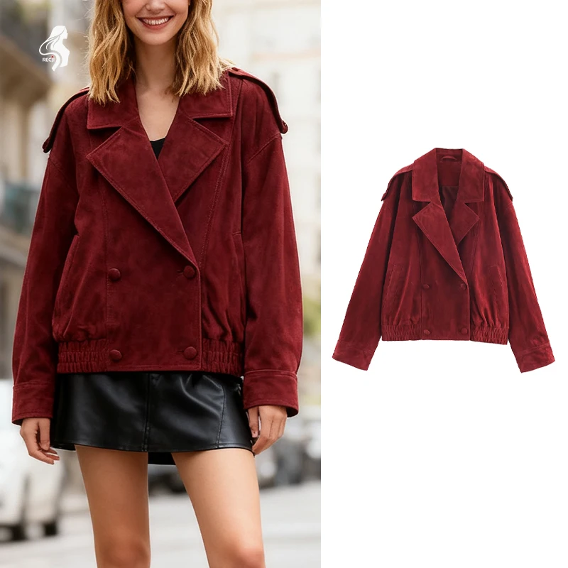 

Womens Blazer Jacket With Notched Lapel Double Breasted Pleated Hem Loose Short Vintage Commuter Jacket Woman Clothes Tops