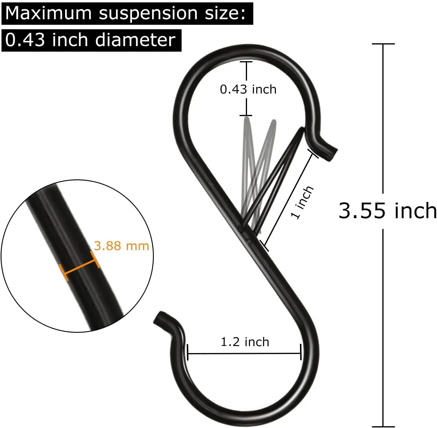 8-Pack 3.5" Black S-Hooks, Heavy Duty Metal with Safety Buckle for Hanging Plants, Kitchen Utensils & Clothing