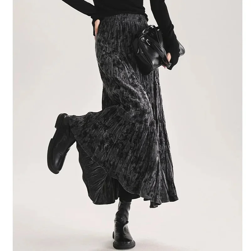 ارتفاع الخصر سميكة المخملية الملمس مطوي مظلة تنورة المرأة المألوف الشتاء نمط جديد نصف طول التنانير #5