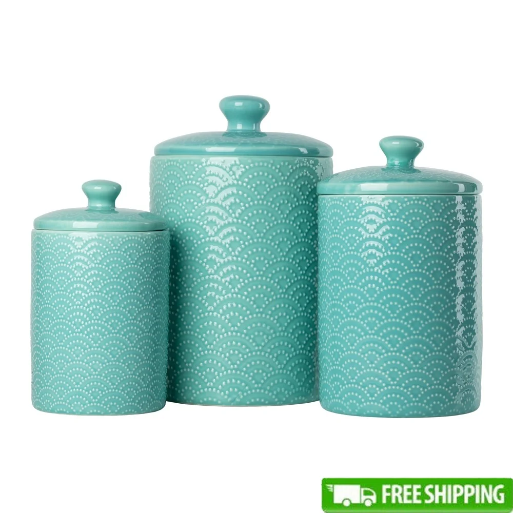 

Ceramic Canister Set 3 Piece Kitchen Storage Containers Blue Embossed Design with Silicone Gasket Lid Ideal Home Organization