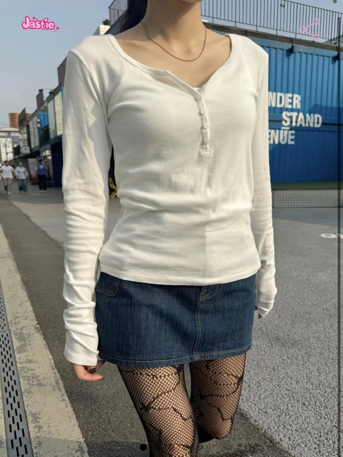 Sześć Guzików Koszulki z Długim Rękawem Okrągły Dekolt Białe Koszulki Jednolity Kolor Prosty Casual Top Kobieta Nowa Wiosna Jesień Slim Tshirt