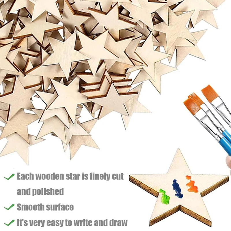 50pcs 3cm Unfinished Wooden Star Blank Natural Wood Slices Wooden Cutout Tiles for DIY Crafts, Painting, Wedding, and Home Decor