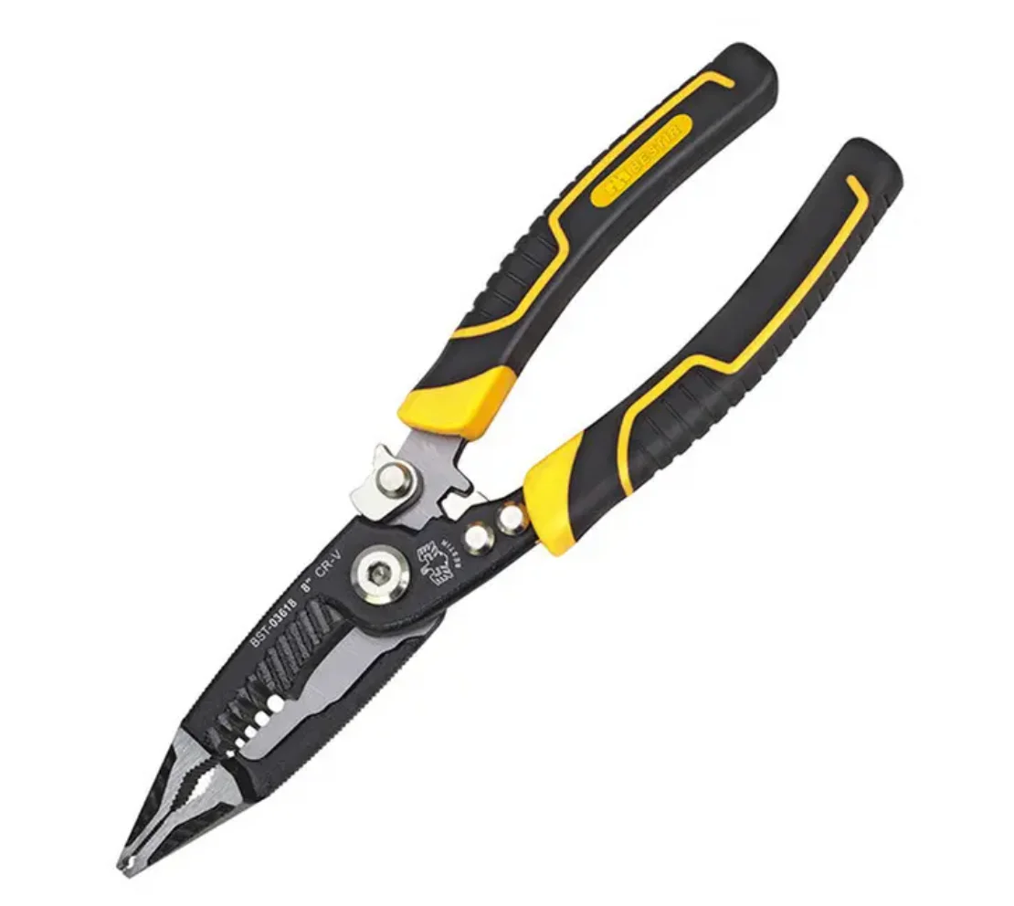 BESTIR tool 8inch 6 in 1 electrician multifunctional pliers for clamping knobbing stripping cutting repairing crimping NO.03618