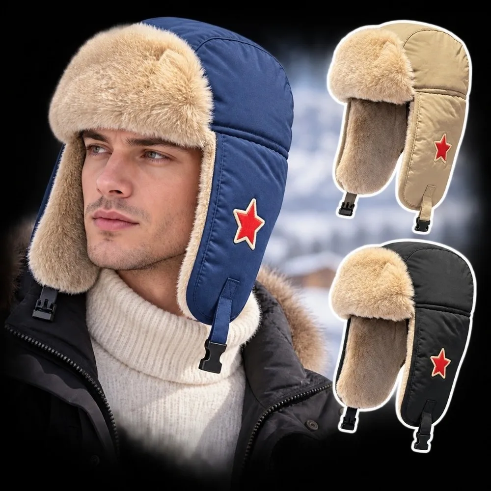 Faux Fur Lined Lei Feng Earflap Hat Cold-Resistant Thickened Unisex Pilot's Hat Red Star Ushanka Hat Windproof