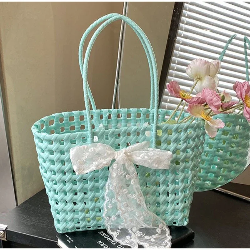 Koreanische Hohlgeflochtene Schleifen-Handtasche, Süße Einfarbige Gemüsekorb-Tasche, Lässige Vielseitige Schultertasche mit Großer Kapazität, Neu – Detail 3