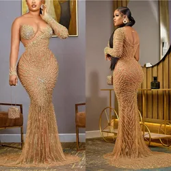 Gold Sparkly Sequins Prom Dress Plus Size Sheer Neck Illusion Long Sleeve Mermaid Evening Gowns Sweep Train Special Occasion