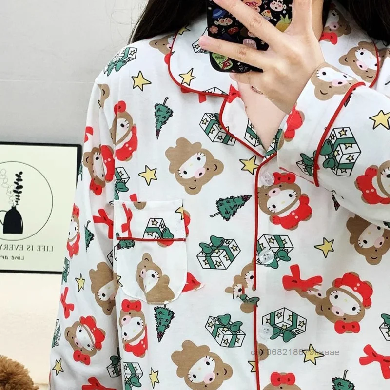 Sanrio Hello Kitty Christmas Printed Cotton Pajamas Women New Long Sleeved Cartoon Home Clothes Japanese Style Casual Home Wear