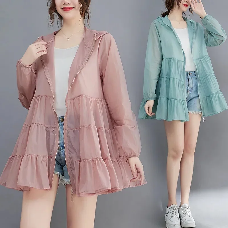 

Summer Thin Windbreaker New Sunscreen Clothes Mid-Long Female Breathable Shirt Oversize Jacket With Hooded Female Outerwear B284