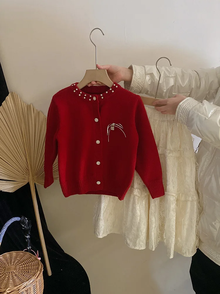 

Girls' Autumn Winter New Set Rhinestone Bow Sweater Cardigan Velvet Lace Fleece Skirt
