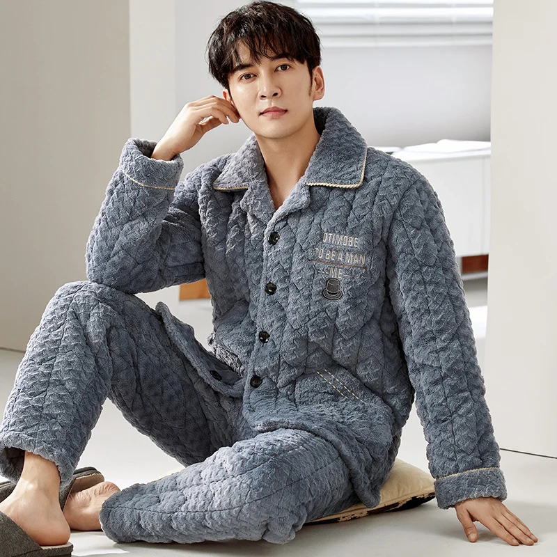 Coral velvet quilted pyjamas male 3 layers thickening warm winter quilted jacket men's pajamas jacquard pijamas hombre inverno