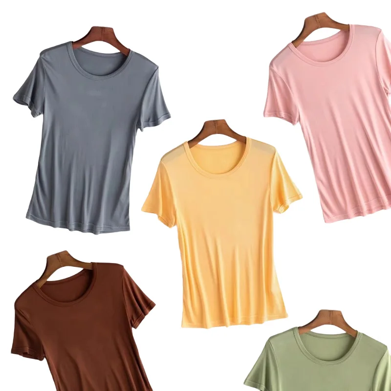 T-Shirts for Women Summer Short Sleeve Crew Neck 23% Mulberry Silk Casual Basic Loose Fit Tee Tops Blouse