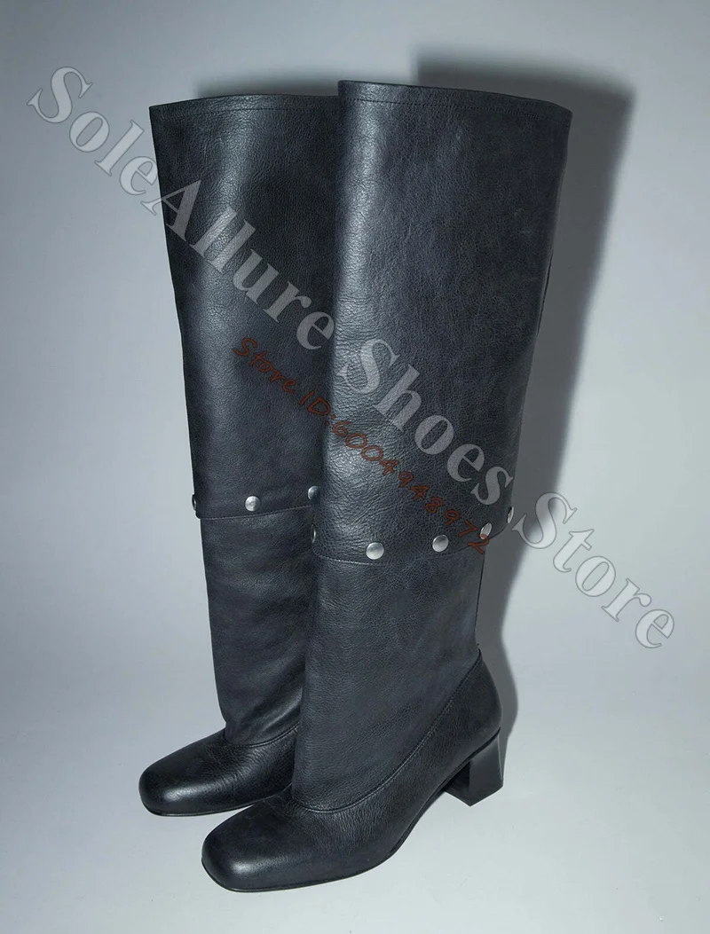 Brown 2 In 1 Boots Square Toe Block Mid Heel Removable Shaft Rivet Design Soft Distressed Leather Knee High Retro Boots