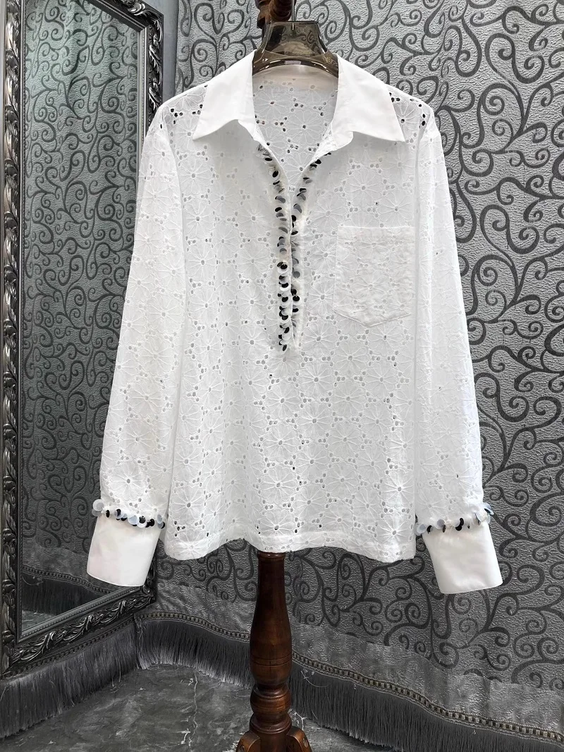 2025 Spring Fashion White Shirts High Quality Ladies Turn-down Collar Sequined Beading Deco Chest Pocket Long Sleeve Loose Shirt