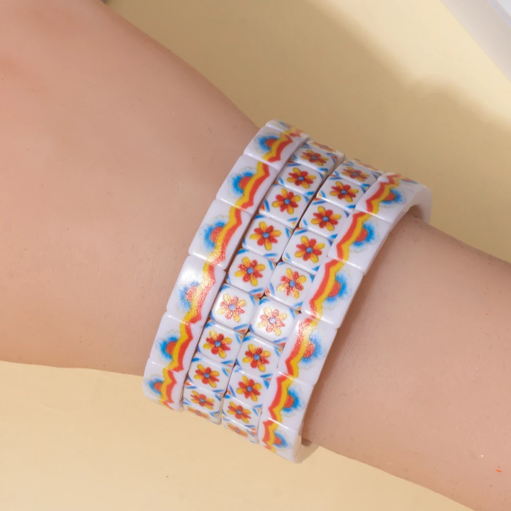 2024 New Arrivals Textured Acrylic Women Bracelet Colorful Pattern Elastic Beads Bangle Fashion Jewelry Accessories