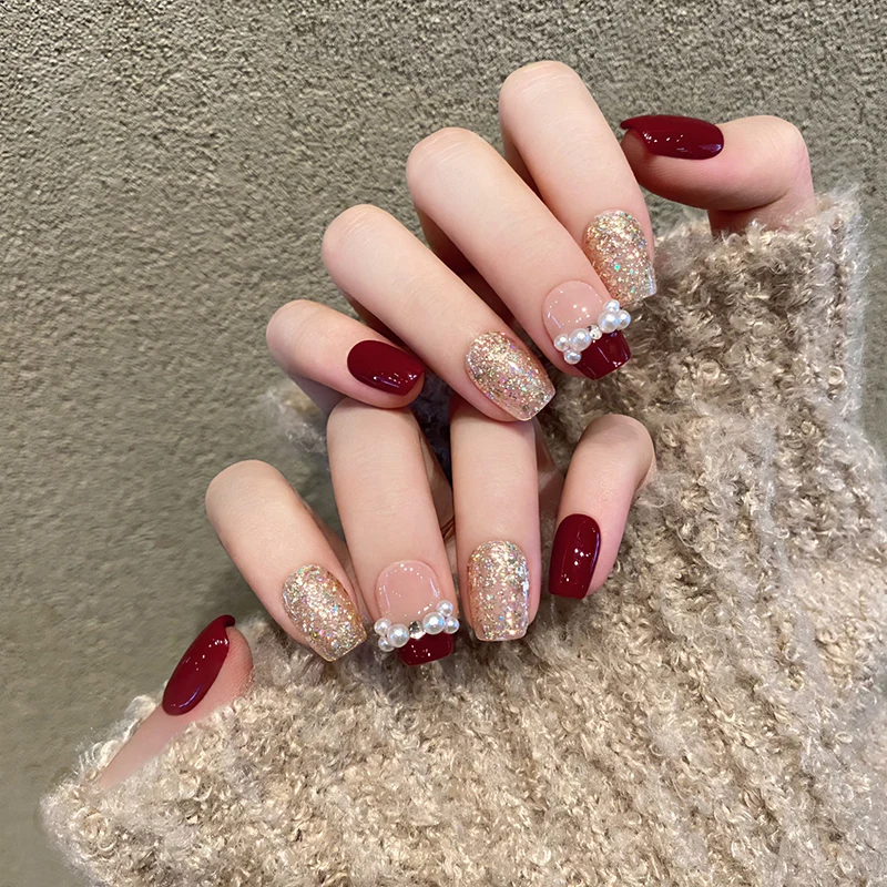 

SKY CLOUD 10Pcs Detachable Red Sparkling Pearl Spicy Girl Handmade Press on Nails Long Explosive Full Cover False Nail Tips