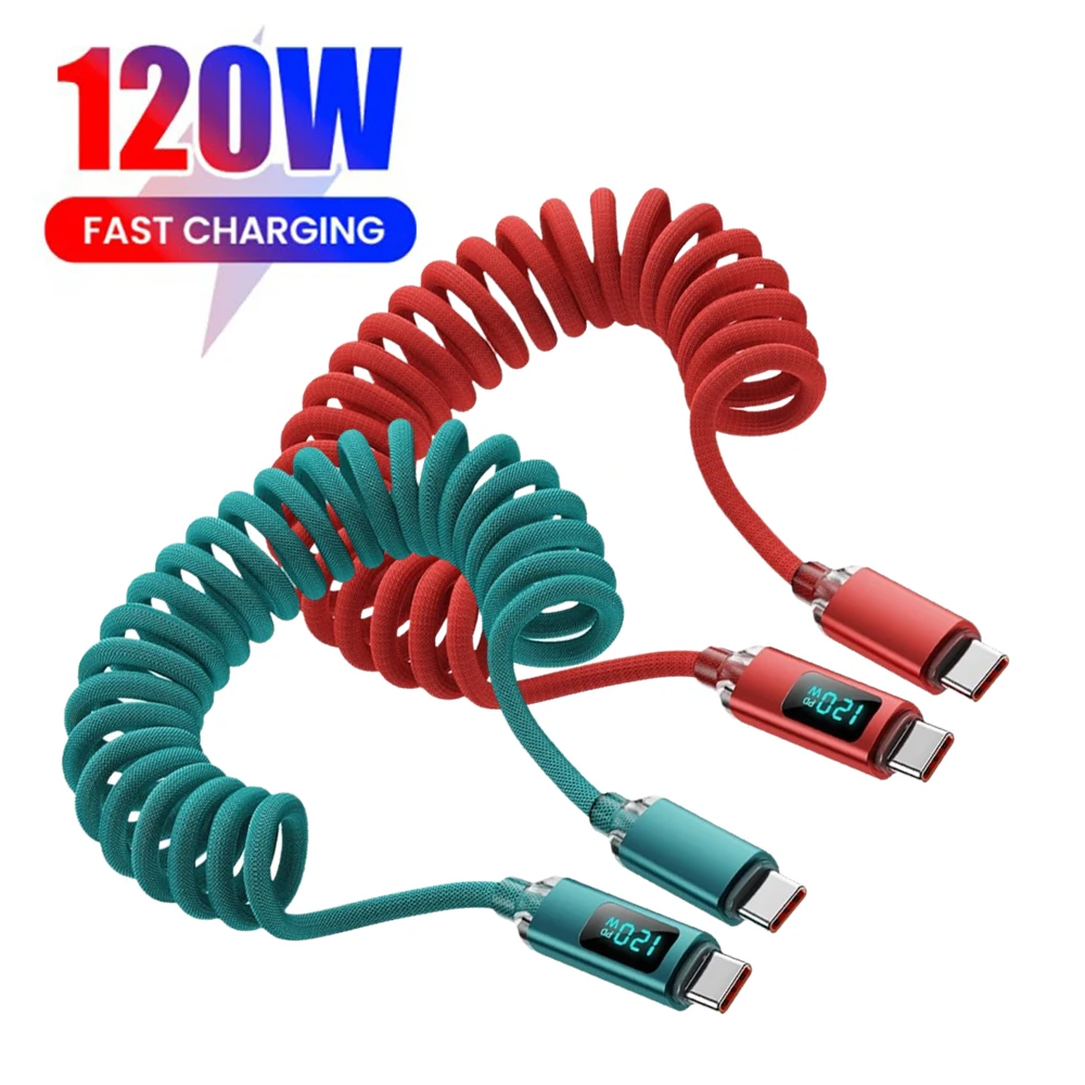 120W USB to Type C Super Fast Charging Cable PD Type C Digital Display Spring Car Charging Cord For iPhone Samsung Huawei Xiaomi
