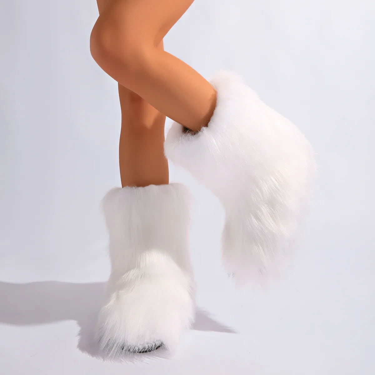 

IPPEUM White Mongolian Fur Boots Ankle Winter For Women 2025 New Flat Heel Plus Size 46 Plush Furry Shoes