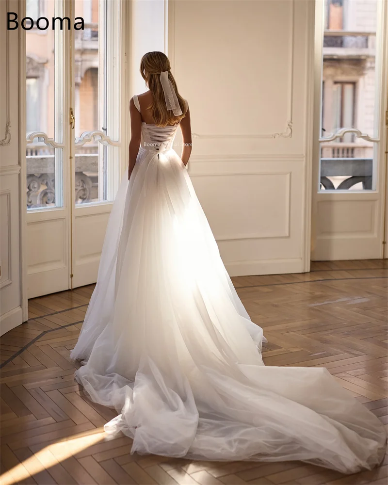 Booma a-line فساتين زفاف طويلة بسيطة بدون أكمام من التل وحزام سباغيتي فستان عرائس أنيق مصنوع حسب الطلب 2025