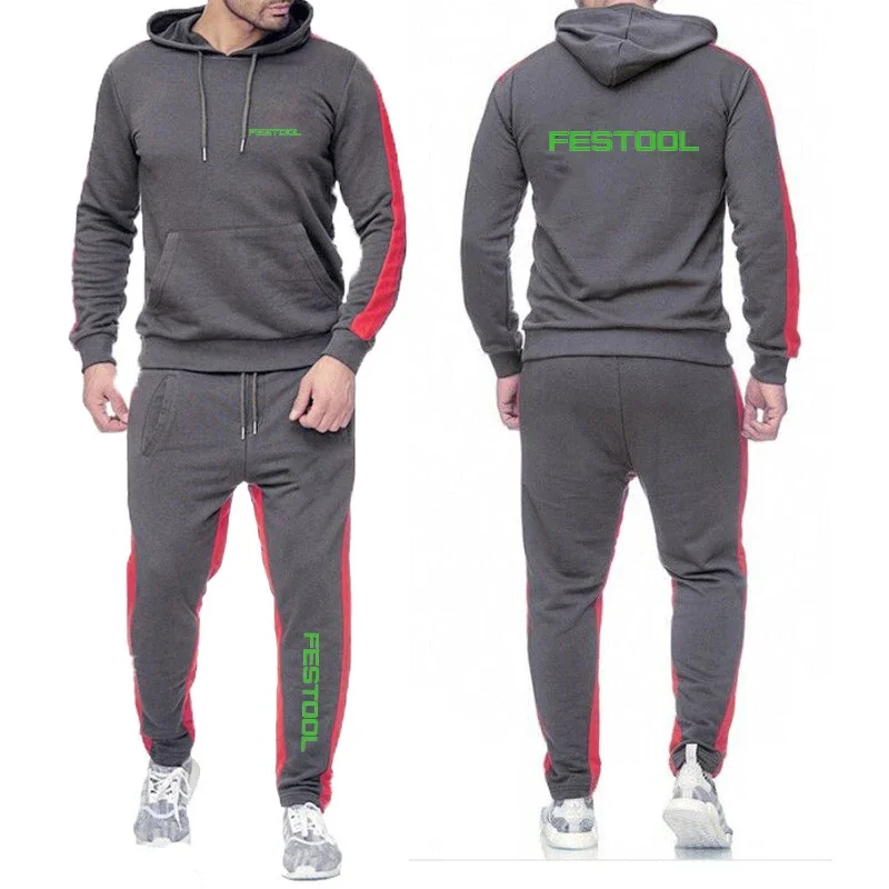 

2024 Festool Tools Men's New Long Sleeves Printed Solid Color Hoodies Pullover Tops+Trousers Drawstring Leisure Sportswear Suit