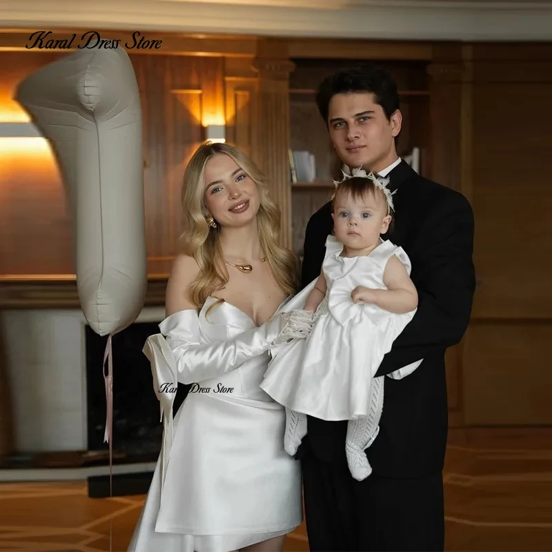 

Karal Ivory Satin Short Wedding Dresses Bow Sleeves Sweetheart Pleated Short Bridal Gowns Formal After Party Dresses Customized