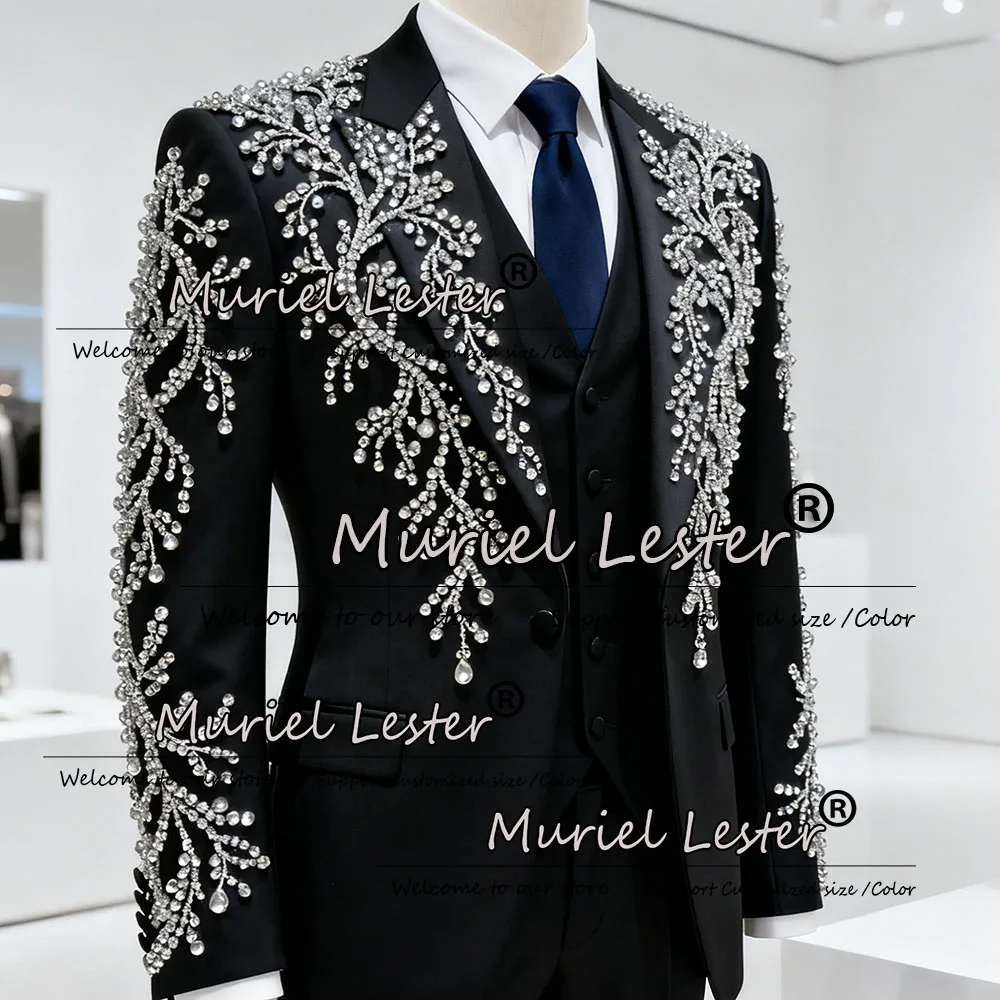 

Rhinestones Beaded Men Suits 3 Pieces Sets Groom Male Blazers Birthday Ropa hombre Customized Slim Fit Wedding Tuxedos Outfits