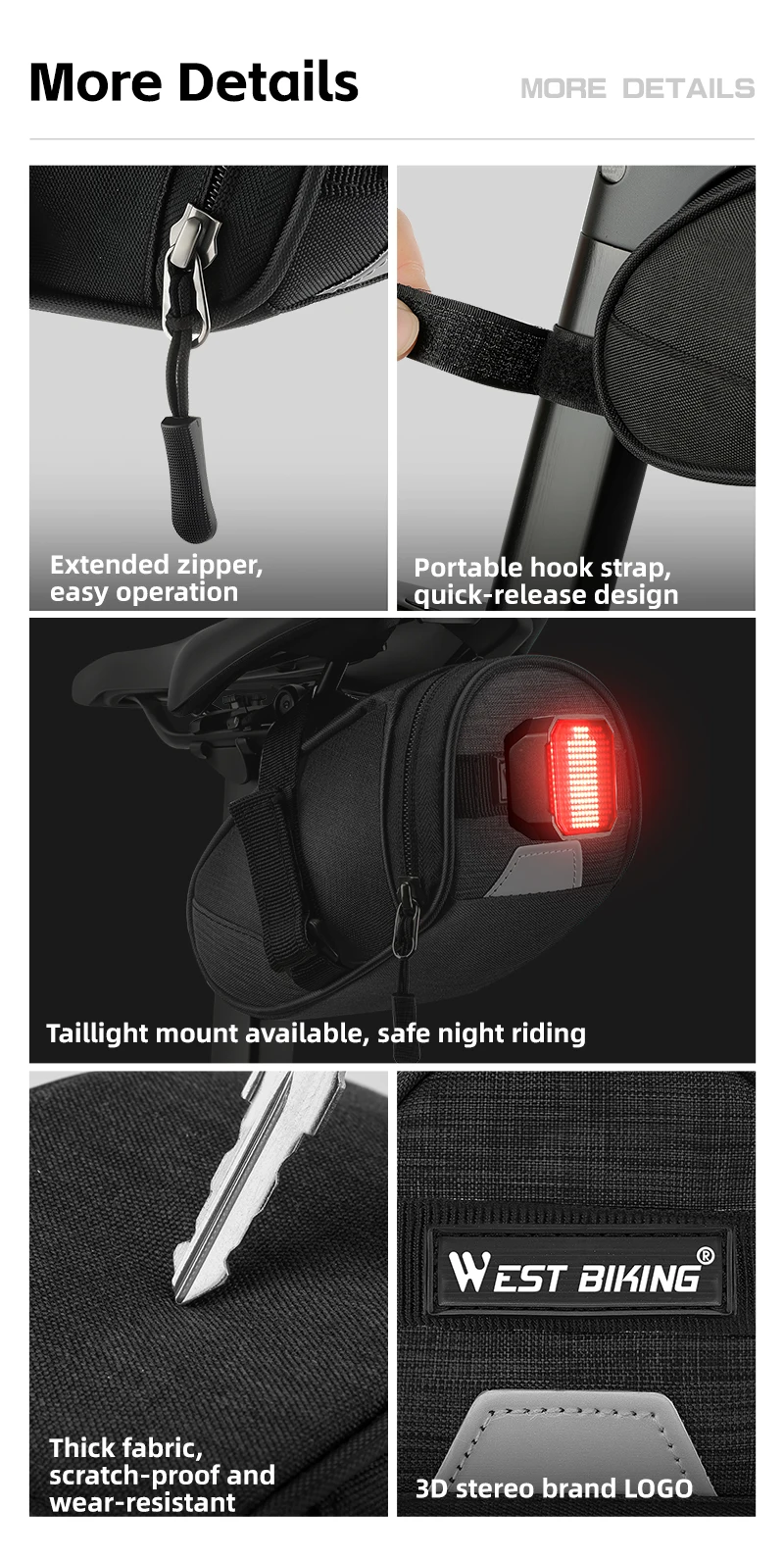 WEST BIKING Fahrradsatteltasche Wasserabweisende Rücksitztasche MTB Rennrad Fahrrad-Aufbewahrungszubehör Rücklicht-Riemen – Detail 11