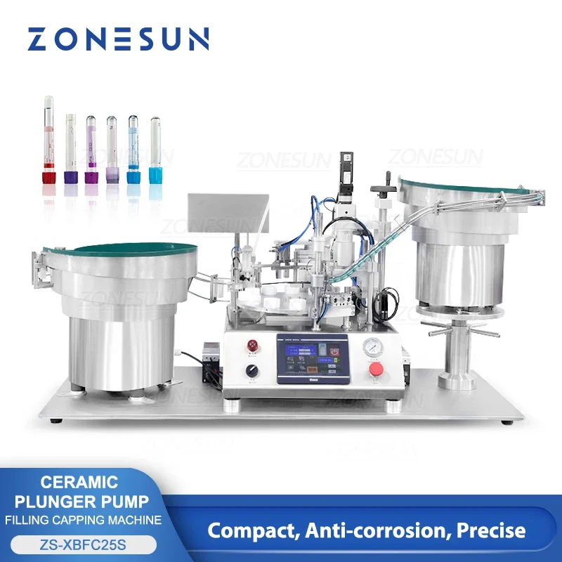 ZONESUN ZS-XBFC25S Automatic Liquid Vial Filling Capping Machine Desktop Ceramic Plunger Pump Reagent Essential Oil Tube Filler