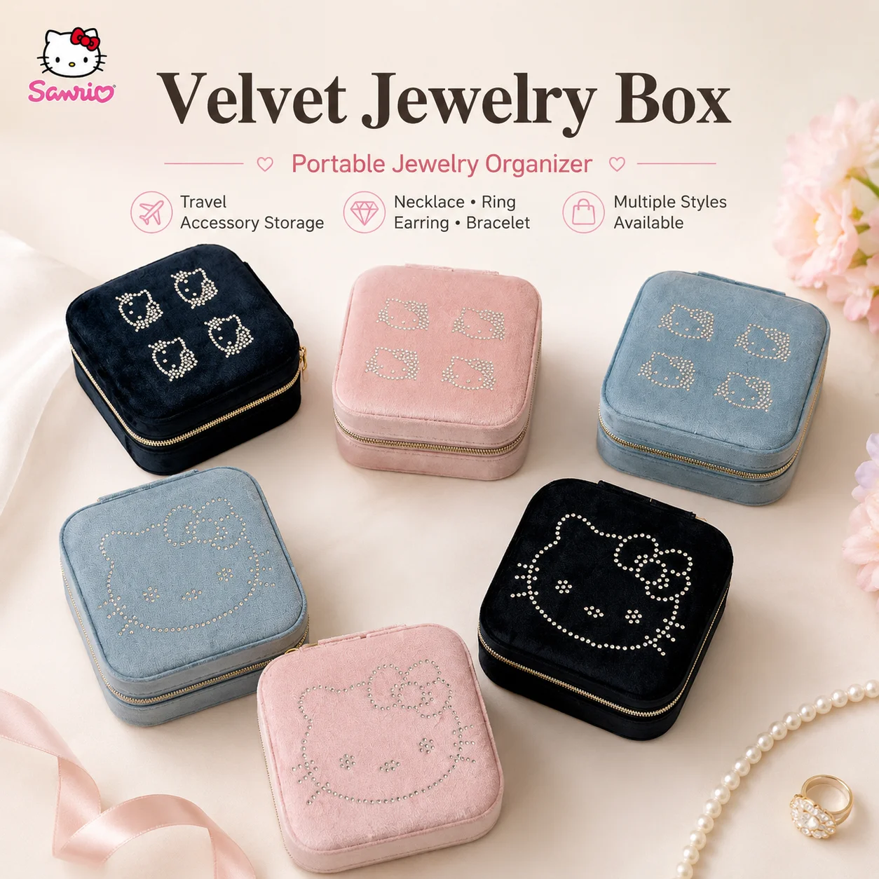 

Sanrio Hello Kitty Rhinestone Inlaid Velvet Case Divided Interior Pocket Jewellery Organizer Earring Ring Storage Box Girls Gift