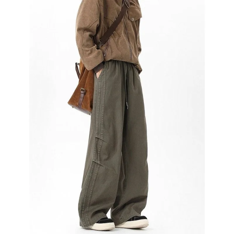 Army Green Elastic Waist Wide Leg Cargo Pants Loose Casual Streetwear Trousers For Men