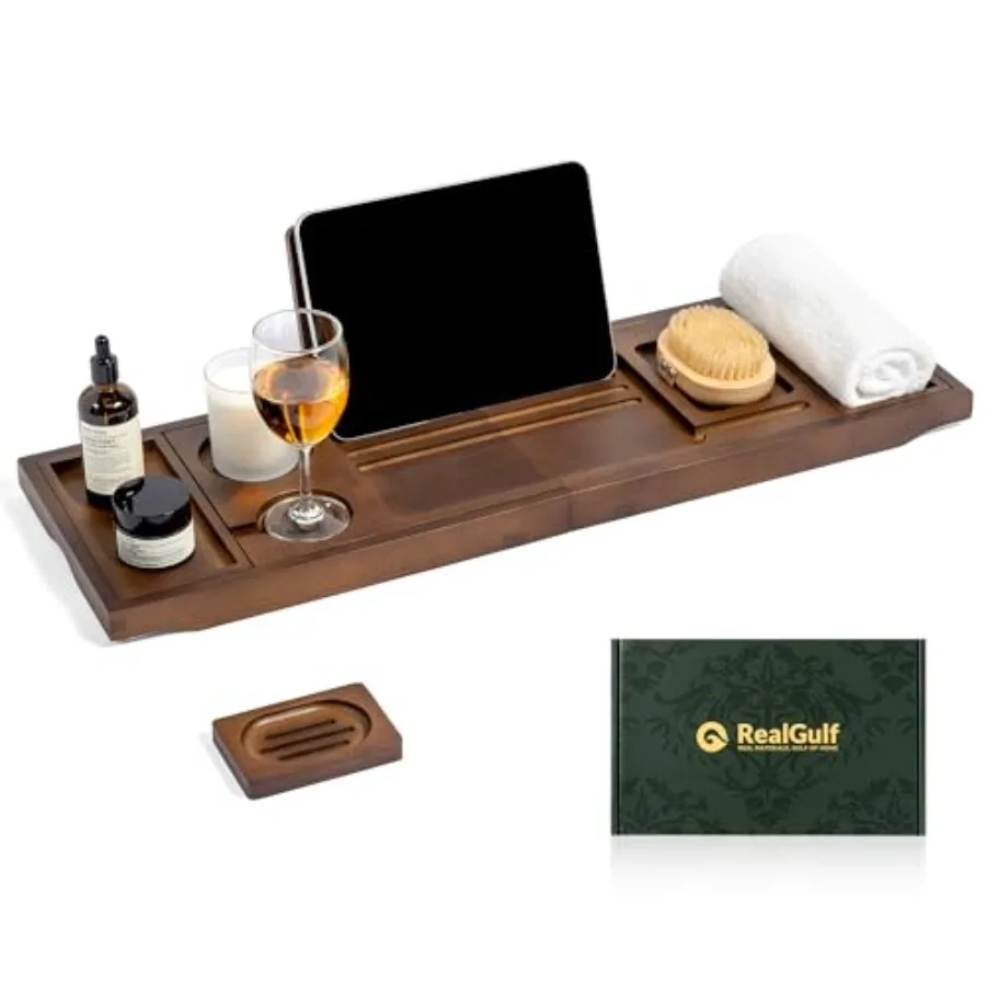 

Bamboo Bathtub Tray, Bath Caddy with Wine Glass Holder, Phone Dock and Book Stand Hands-Free Reading and Ultimate Spa Relaxatio