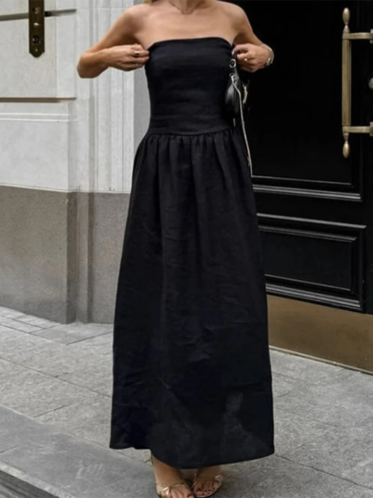 

Trendix Sexy Off Shoulder Maxi Dresses For Women 2025 Summer High Waist Patchwork Long Dress Vacation Party Black Elegant Dress