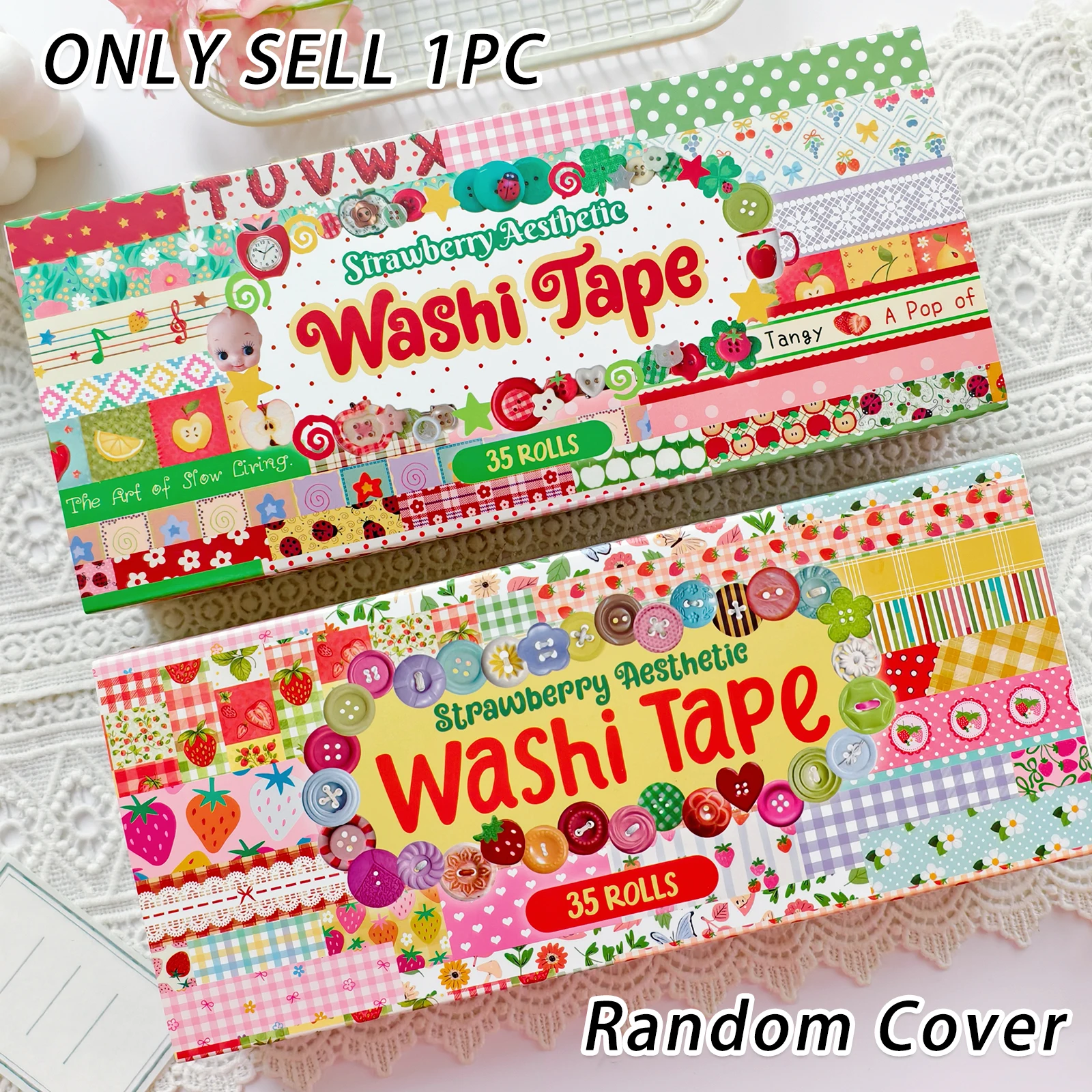 Cinta Adhesiva Decorativa Washi Estética de 35 Rollos con Diseño Aleatorio, Serie Fresa para Scrapbook, Diario, Planners, Manualidades y Arte DIY