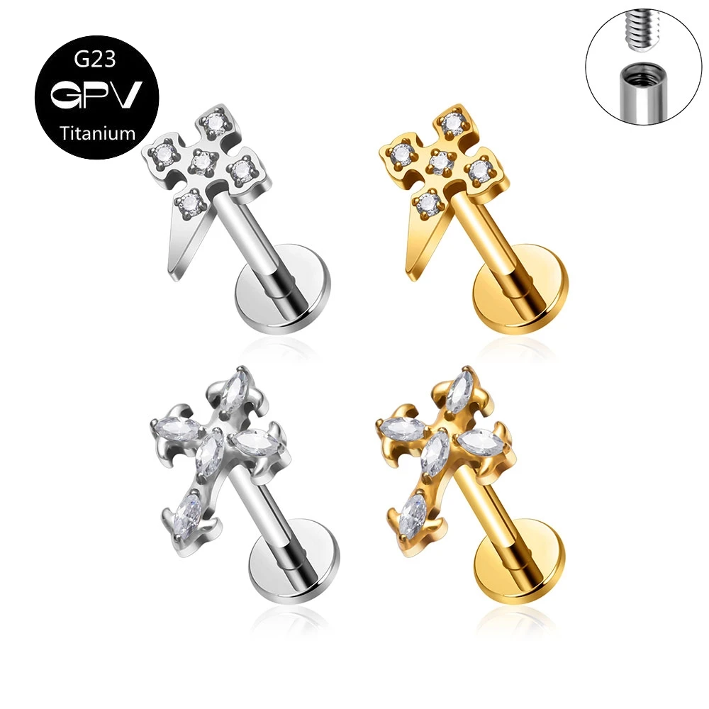 G23 F136 Cruz CZ hilo interno cartílago de la oreja uñas vacío chapado en oro clásico uñas de las orejas de las mujeres joyería perforada uñas de la nariz